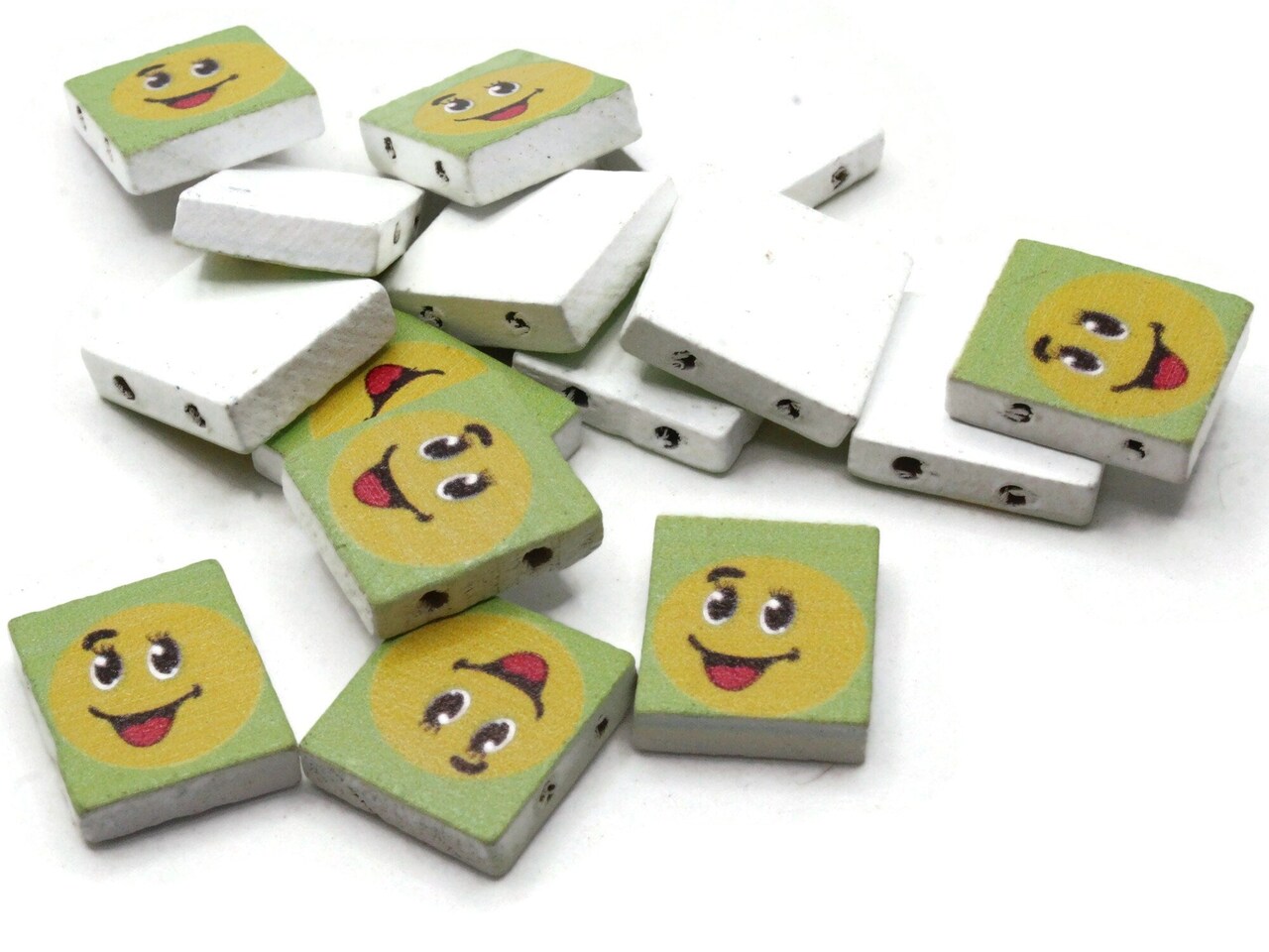 15 20mm Green and Yellow Wooden Rectangle Happy Face Beads - Two Hole Emoji Beads